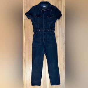 Good American Fit For Success Short Sleeve Black Denim Jumpsuit